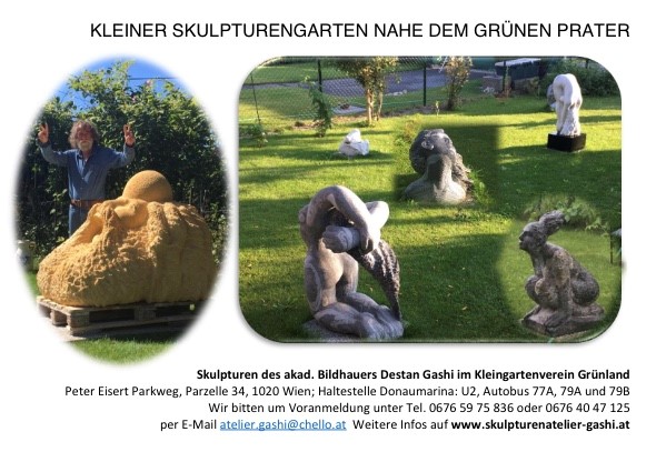 Kleiner Skulpturengarten in Wien mit Skulpturen von Destan Gashi